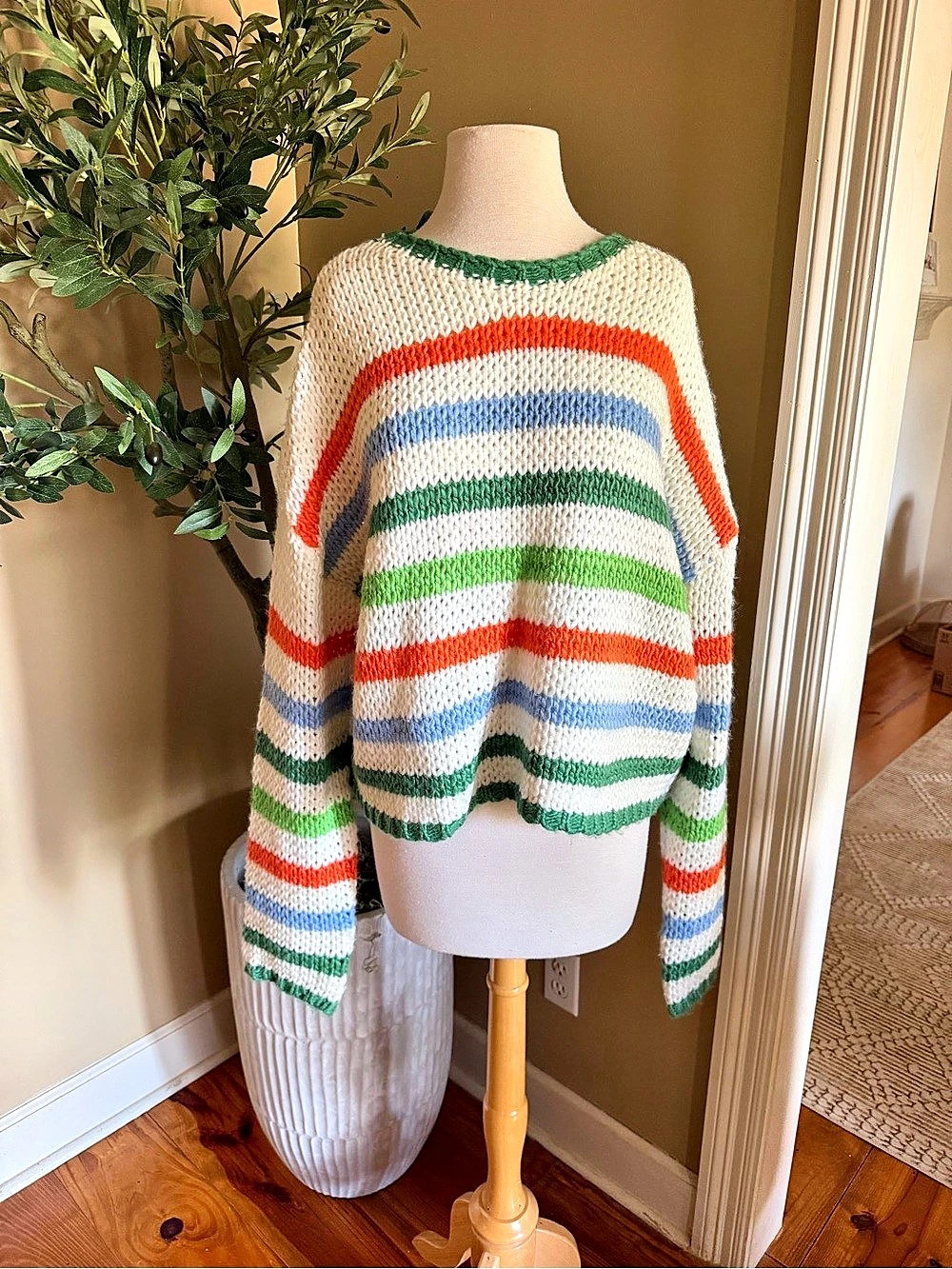 Pink Lily Better In Color Multi Striped Sweater White & Green